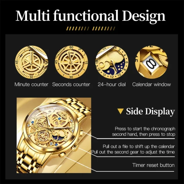 Gold watch with multiple features.