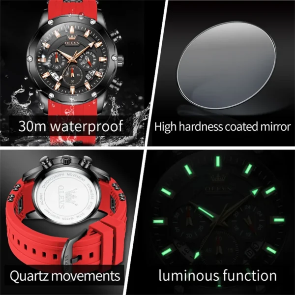 Red and black men's wristwatch features.