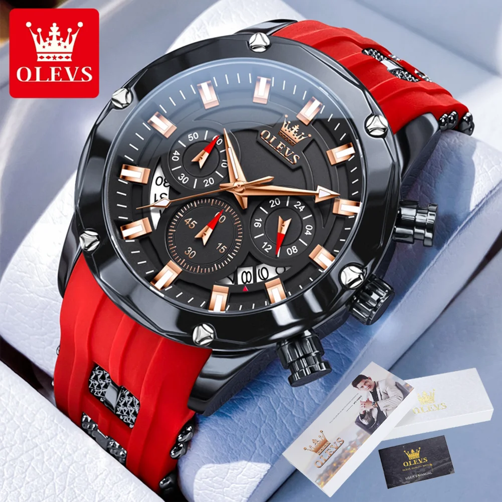 Black and red chronograph wristwatch with date.