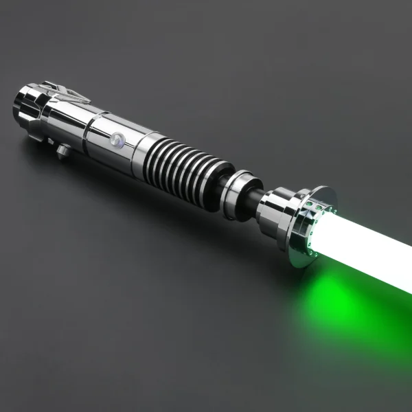 Silver lightsaber with green blade lit up.