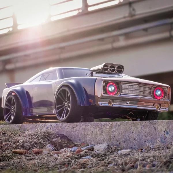 Custom-built muscle car with red lights.