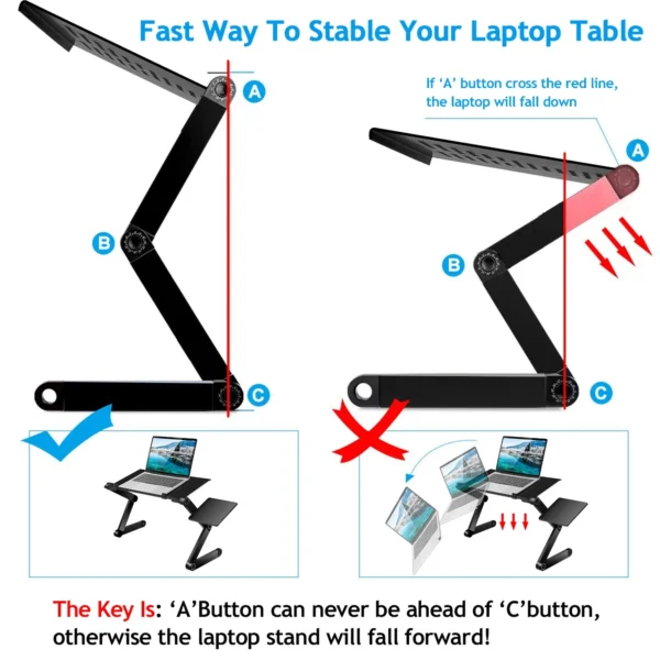 Laptop stand instructions: correct vs incorrect use.