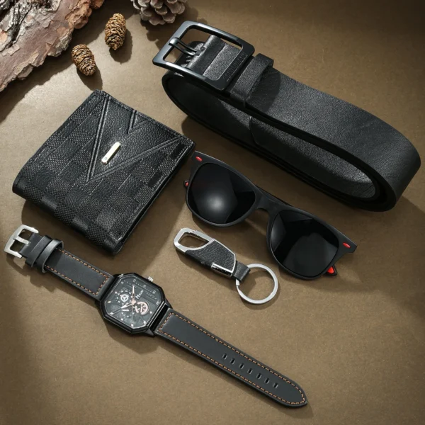 Black leather men's fashion accessory set.