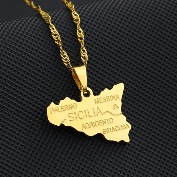 Gold Sicily map pendant necklace.