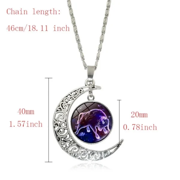 Silver crescent moon necklace with Taurus zodiac sign.