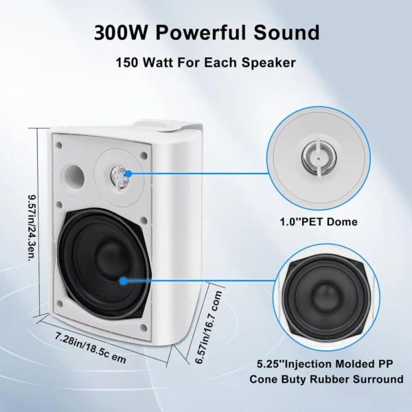 Herdio 5.25 Inches 300 Watts Indoor Outdoor Bluetooth Speakers Waterproof Wired Wall Mount System For Patio 1 Pair - Image 4