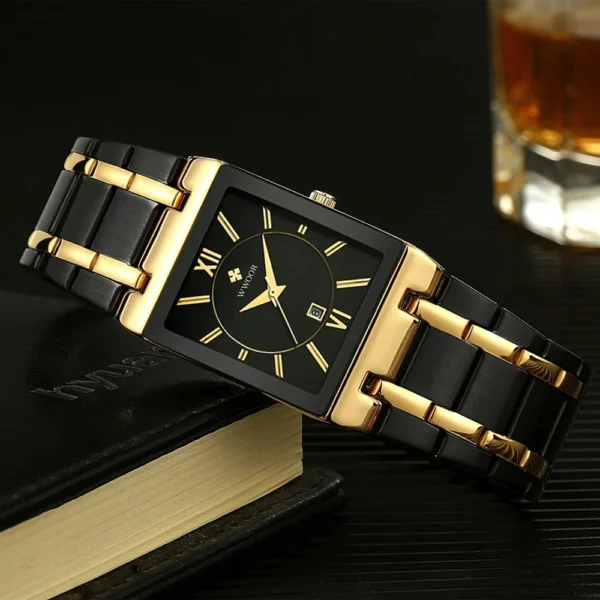 Black and gold square wristwatch.