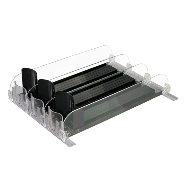 Clear plastic shelf organizer with dividers.