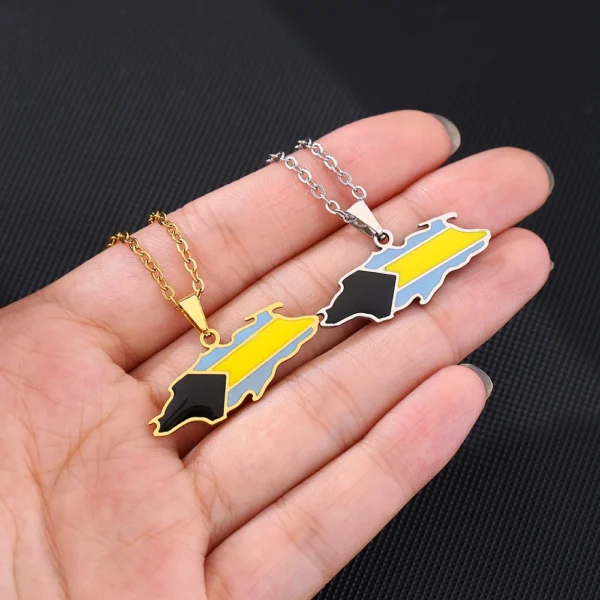 Two Bahamas flag necklaces on hand.