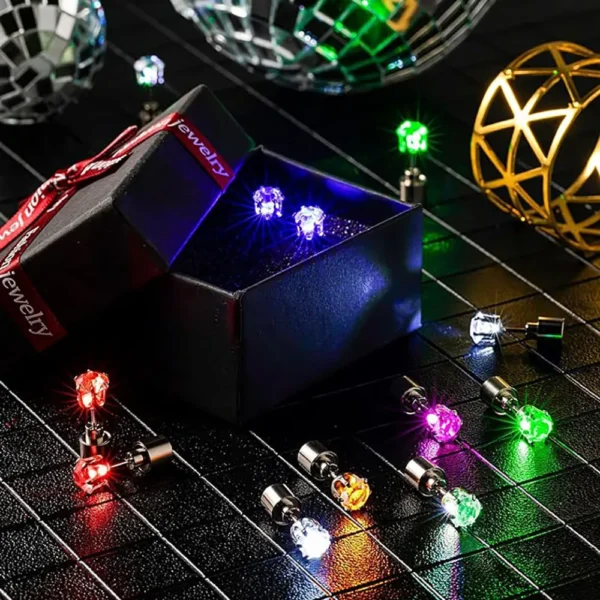 Colorful light-up earrings in box.