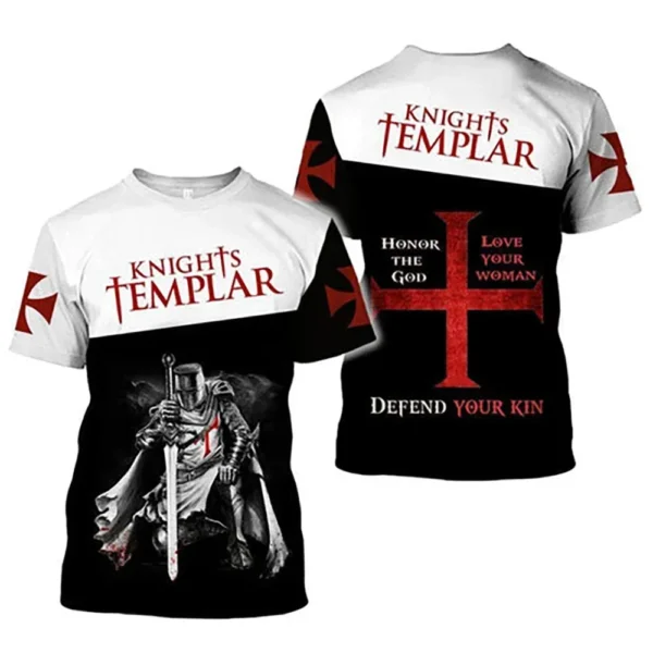 2024 European Vintage Knights Templar 3D Printed Oversized T-shirt Crewneck Clothing Short Sleeve Top Men's Vintage Summer T-shi - Image 2