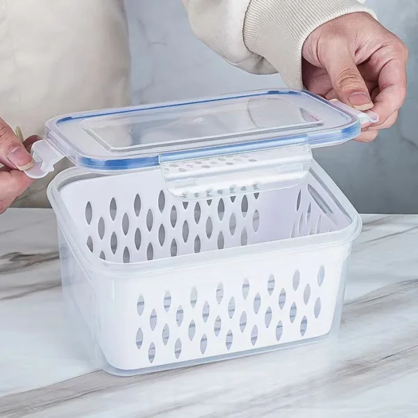 White plastic storage container with lid.