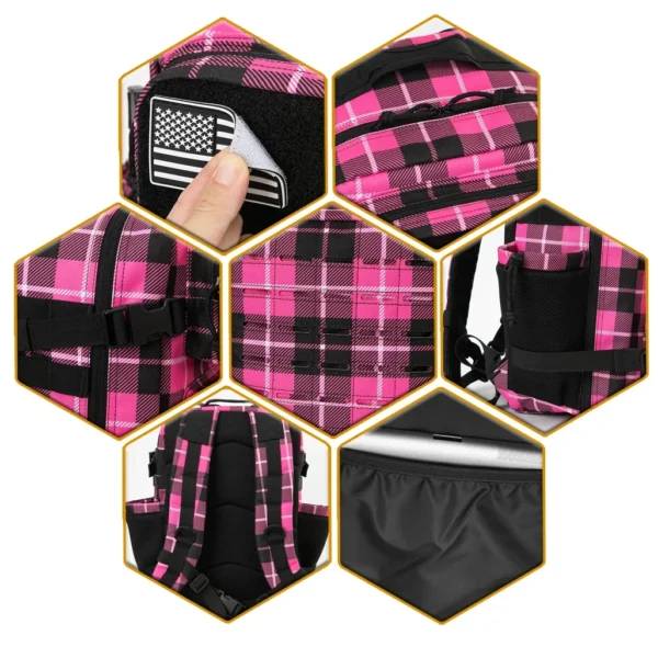 Pink and black plaid backpack with details.