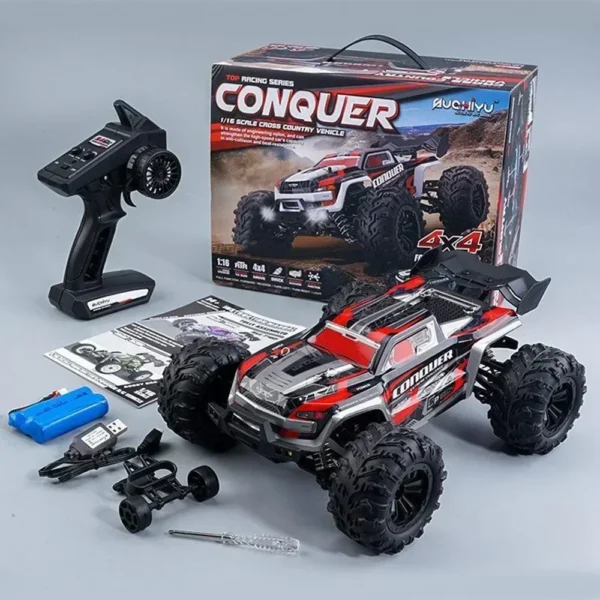 Red and black remote control truck.