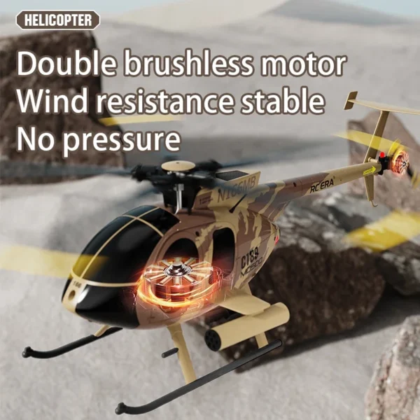 Camouflage RC helicopter with brushless motor.