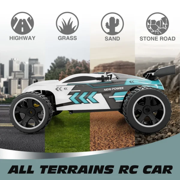 White and blue all-terrain RC car.