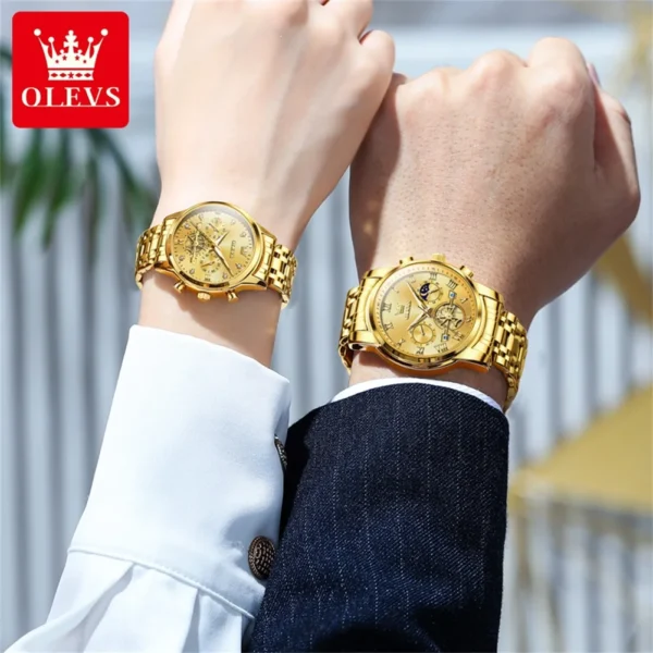 Couple wearing matching gold wristwatches.