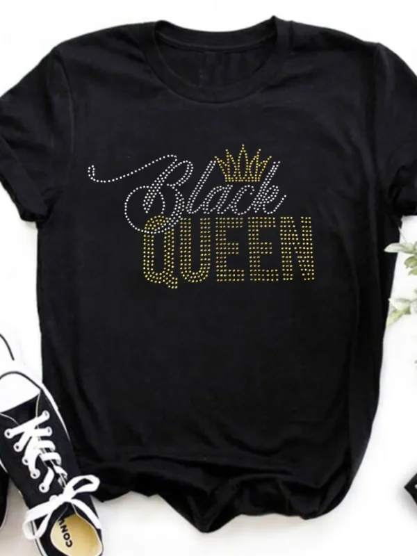 LW Plus Size Rhinstone Black Crown Queen T-shirt Casual Letter Print T-shirt 2023 Summer Round Neck Harajuku Y2k Top - Image 3