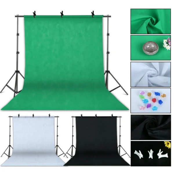 Green, white, and black backdrop stands