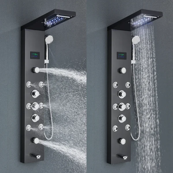 Black shower panel with multiple spray settings.