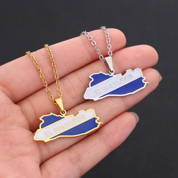 Two El Salvador map necklaces.