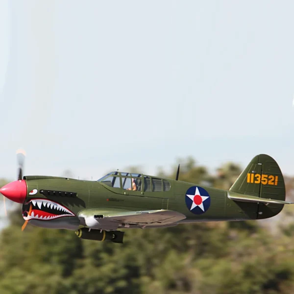 Green P-40 Warhawk in flight.