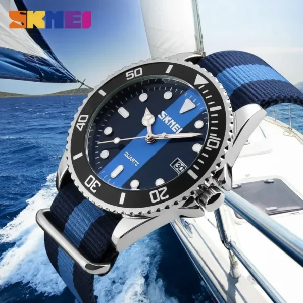 Blue and black Skmei wristwatch on a sailboat.