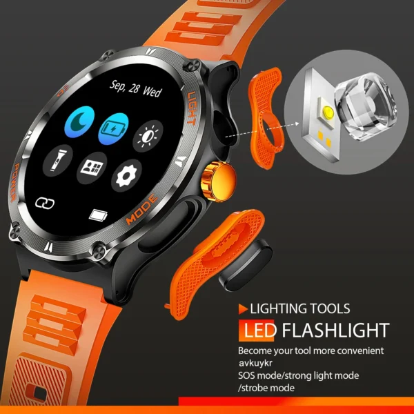 Orange smartwatch with LED flashlight feature.