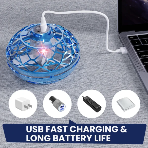 Blue flying orb charging with various adapters.