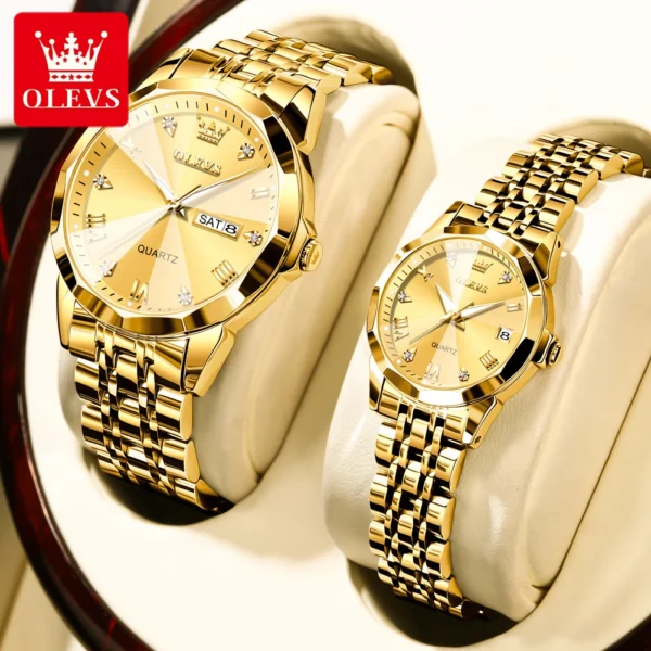 Gold couple's quartz wristwatches with diamonds.