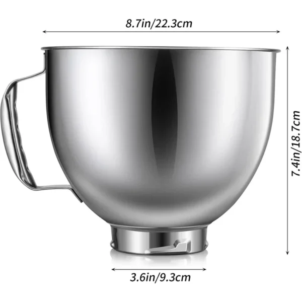 Stainless steel mixer bowl with handle.