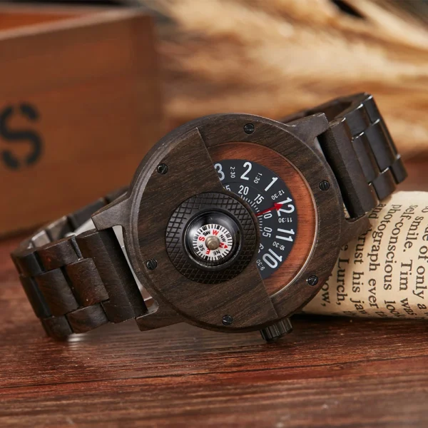 Wooden wristwatch with compass face.