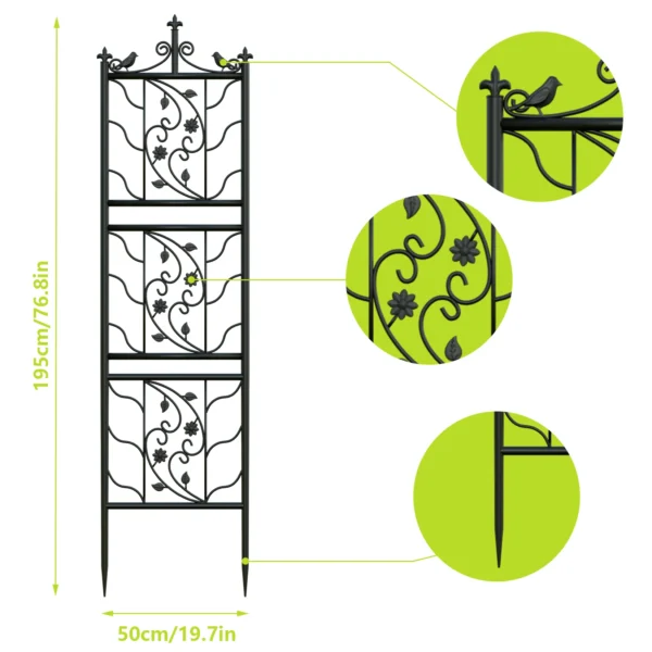 Black metal garden trellis with birds and flowers.