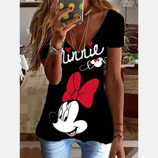 Women's Mickey Mouse Print V-neck T-shirt Tank Top Women's Summer Casual Basic Elastic Tank Top Fashion Women's T-shirt Tunic To - Image 3