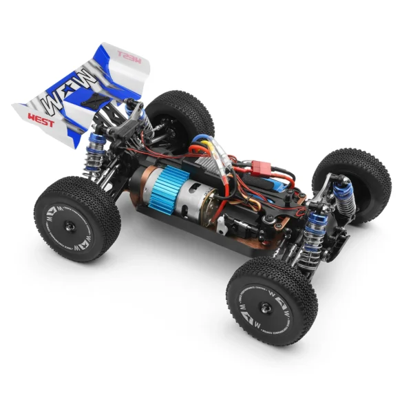 Blue and white RC car chassis.