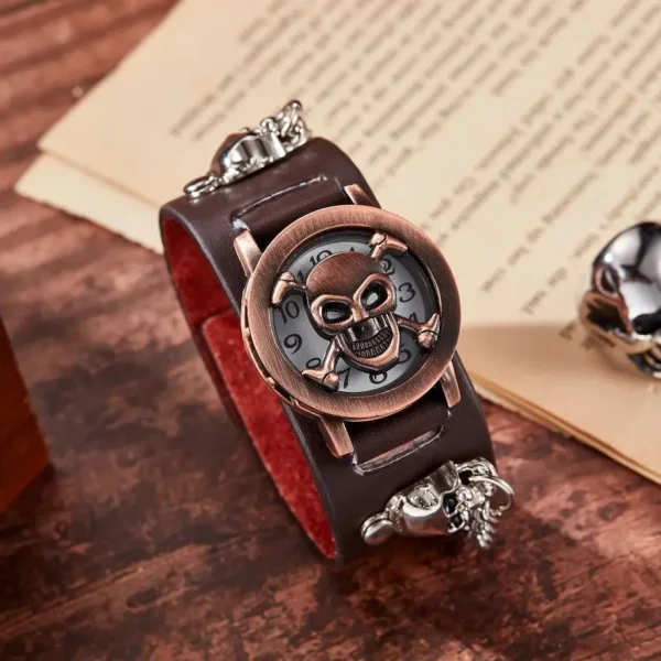 Brown leather wristwatch with skull face.