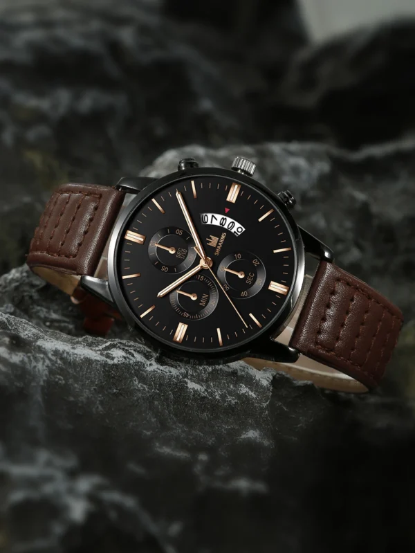 Black and brown chronograph wristwatch.