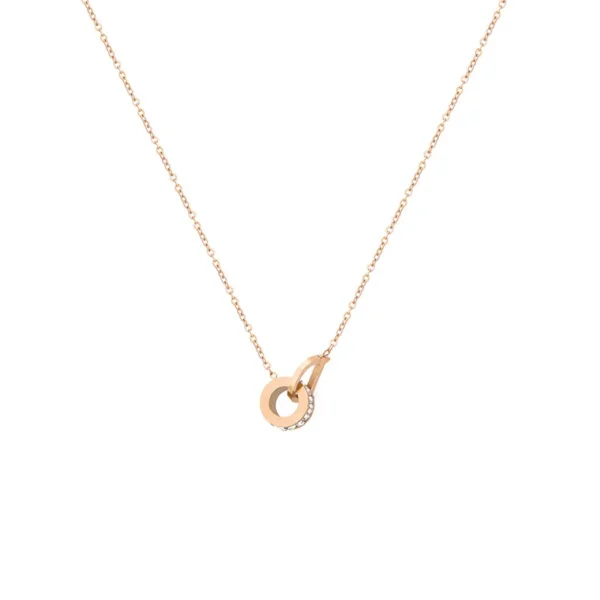 Rose gold necklace with diamond circle pendant.