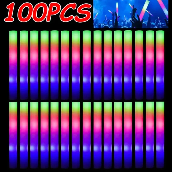 100pcs LED Glow Sticks Bulk Colorful RGB Glow Foam Stick for Christmas Birthday Wedding Glow in The Dark Party Supplies