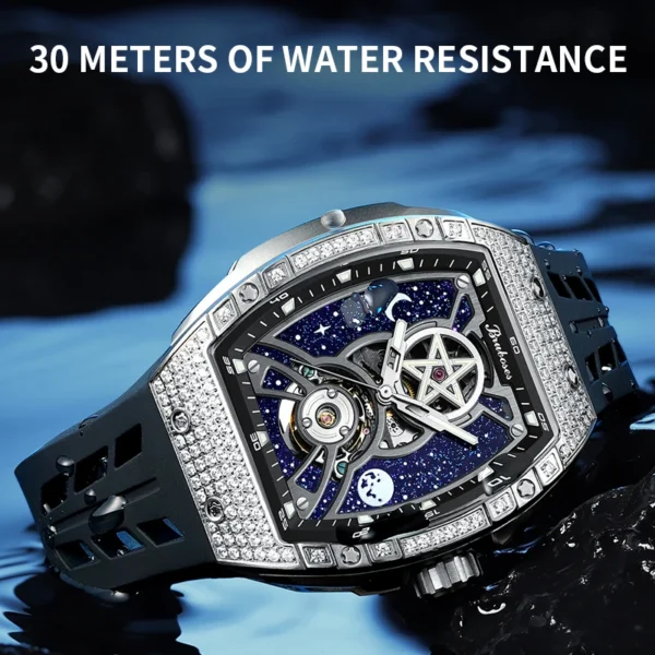 Diamond-encrusted wristwatch with water resistance.