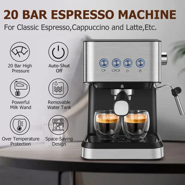 Silver espresso machine with two cups of coffee.