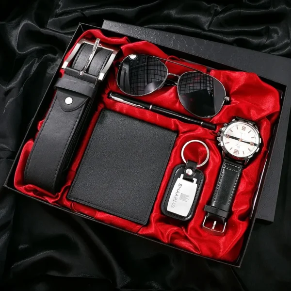 Men's gift set with watch, belt, and wallet.