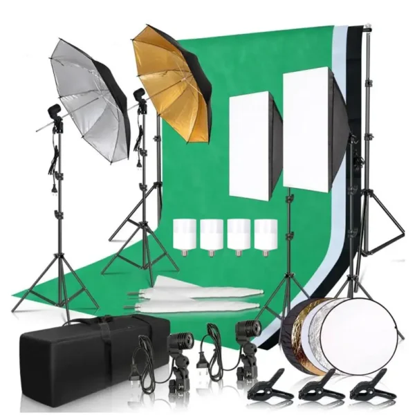 Photography studio set with green screen.