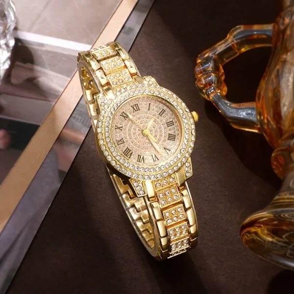 Gold wristwatch with diamond accents.