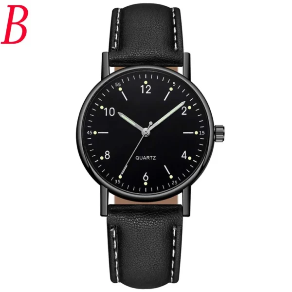 Black leather analog wristwatch with white stitching.