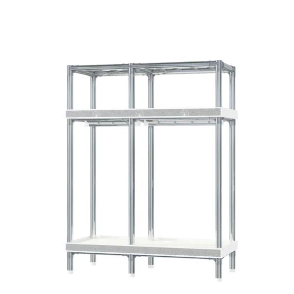 Silver metal shelving unit with two shelves.