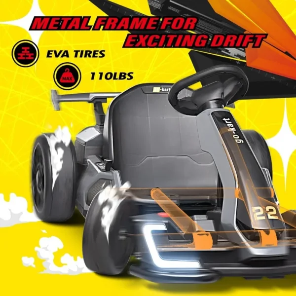 Grey go-kart with black wheels.