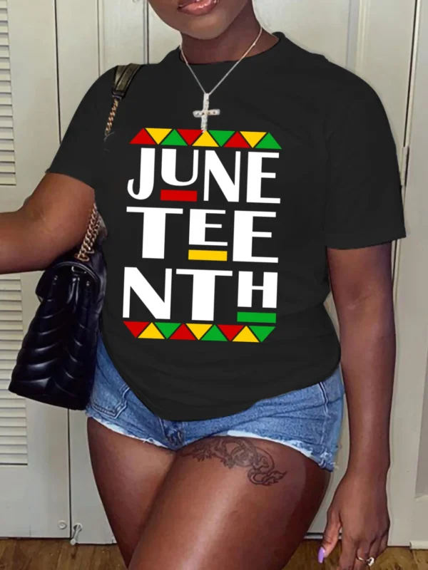 Juneteenth Print Graphic T-Shirt, Short Sleeve Crew Neck Casual Top For Spring & Summer, Women's Clothing