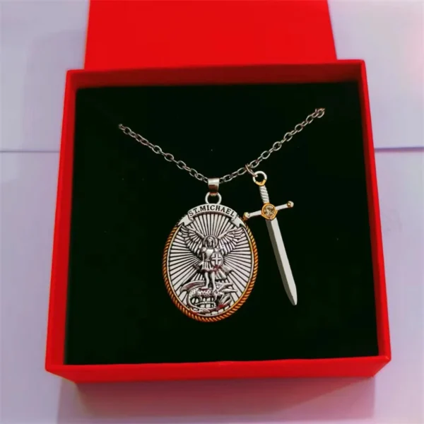 Silver St. Michael necklace with sword pendant.