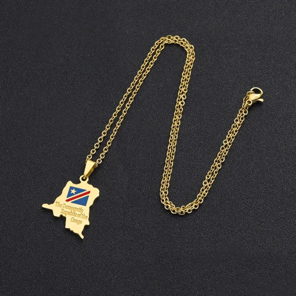 Gold necklace with DR Congo map pendant.